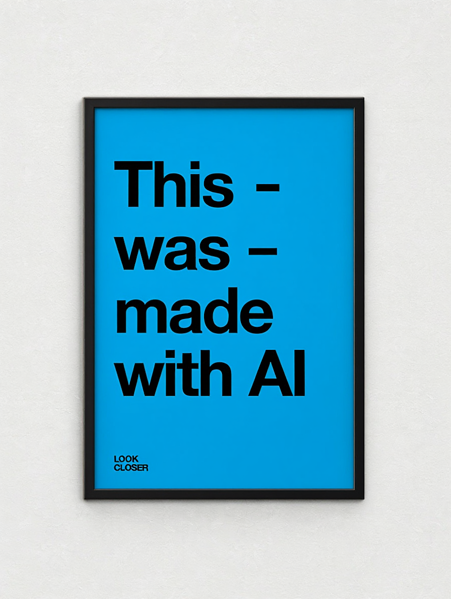Gerahmtes Poster mit dem Hinweis „This was made with AI“ als Symbolbild für den Einsatz von Künstlicher Intelligenz (KI) in Unternehmen